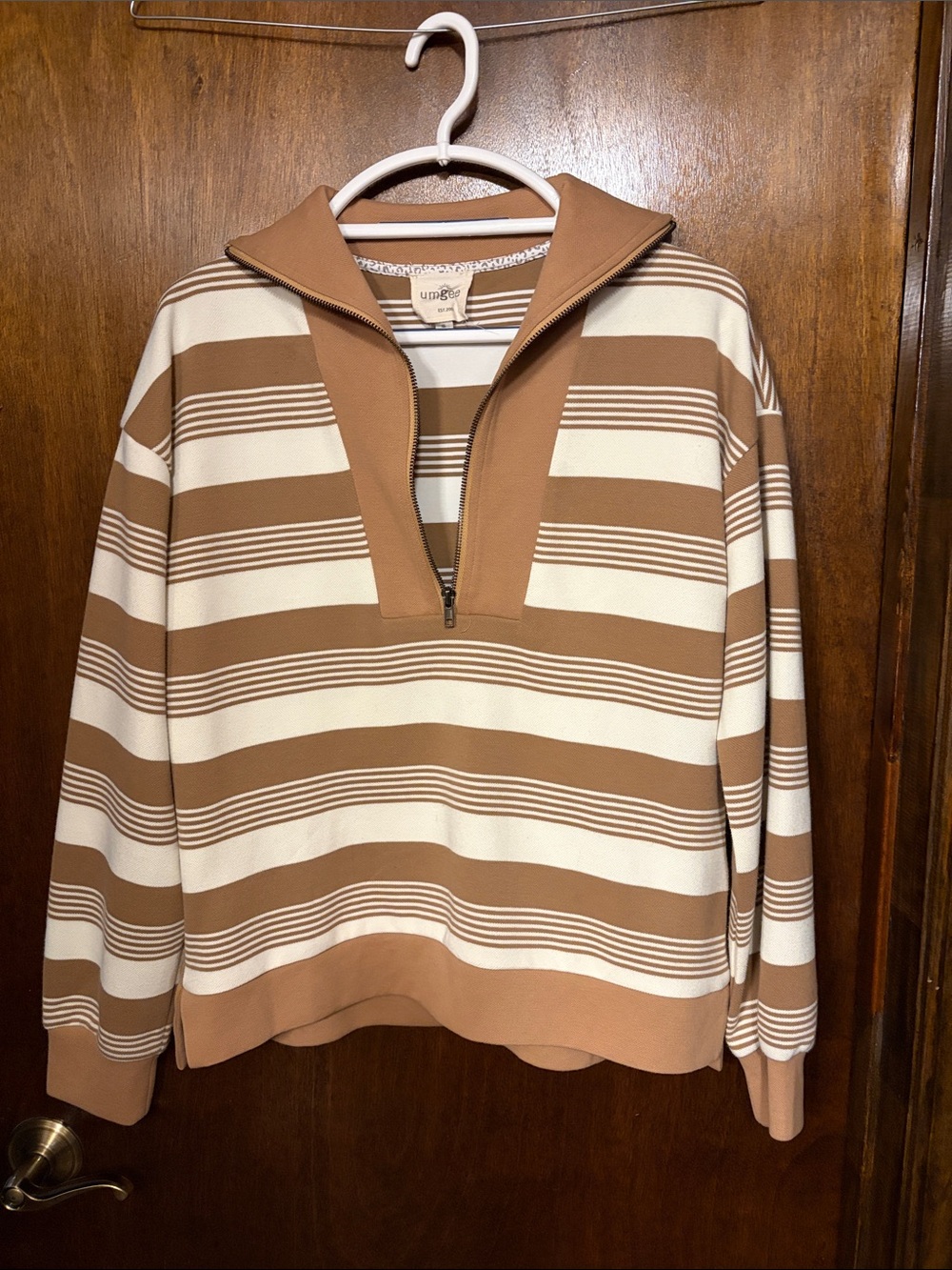 Umgee Brown and Cream Striped Quarter-Zip Pullover